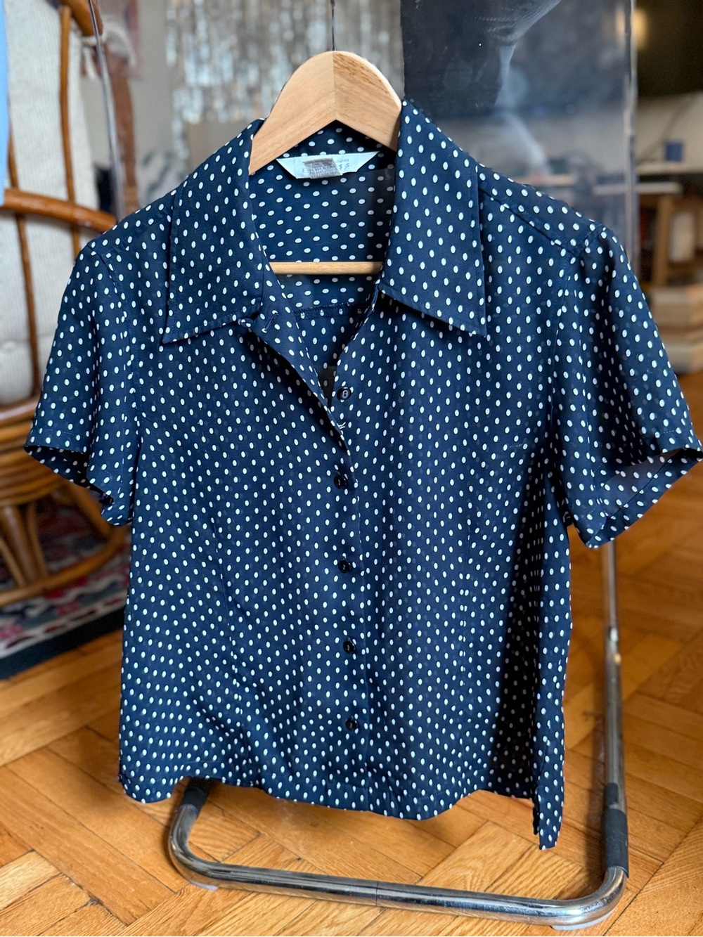 Polka Dot Short Sleeve Blouse - Navy